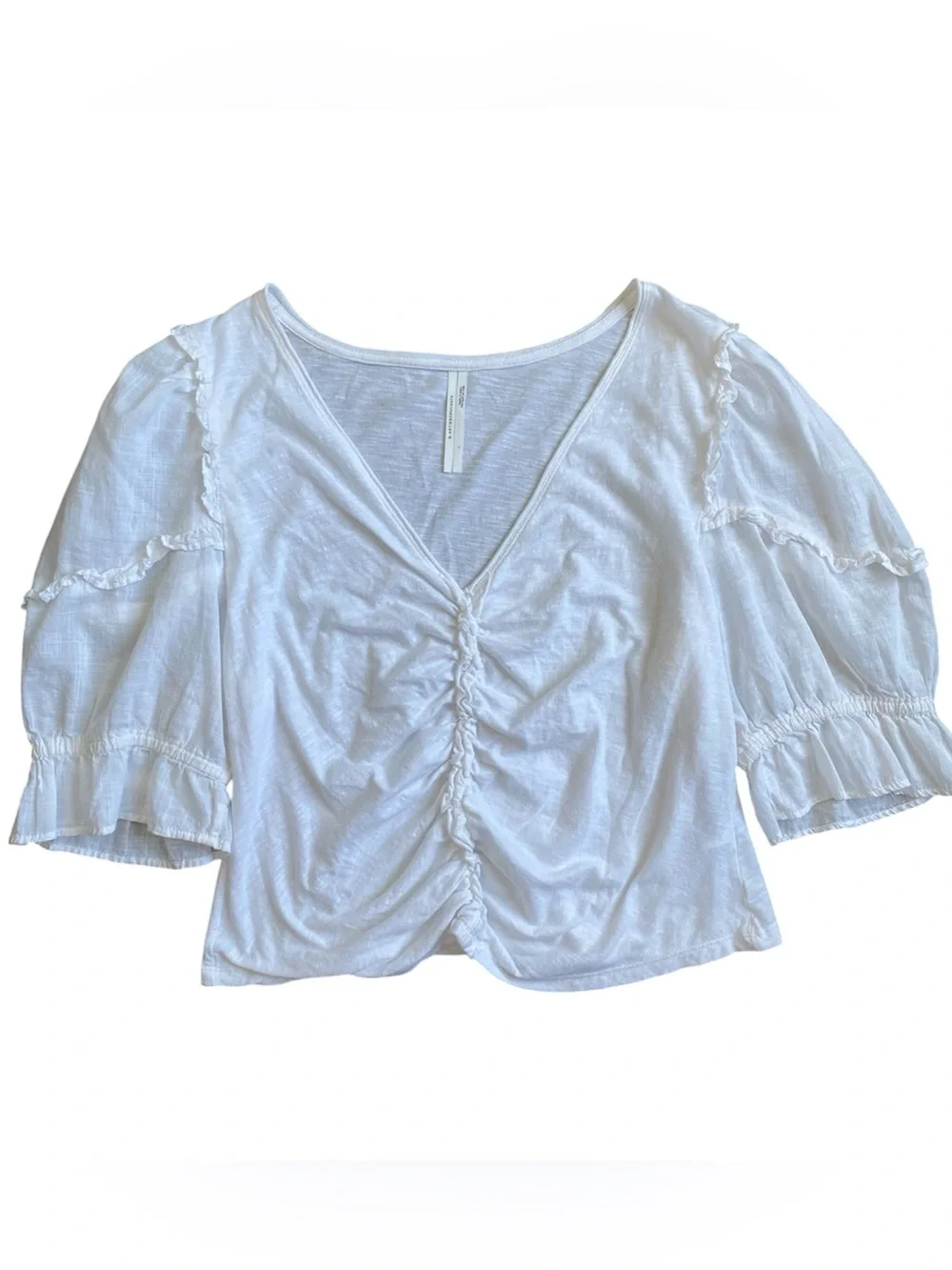 Anthropologie White Ruched V-Neck Puff Sleeve Cotton Blouse Top Size L